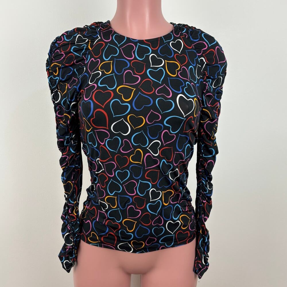 Stine Goya Carlin Top Shirt Hearts Print Black Small ruched long sleeves